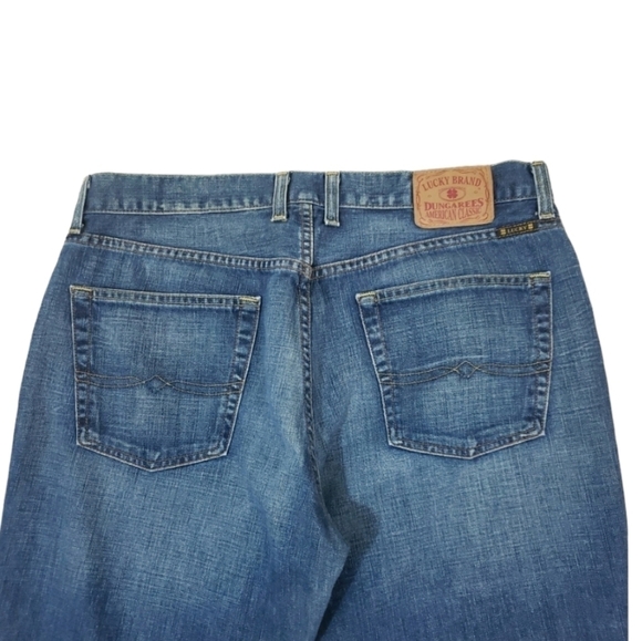 Lucky Brand~Men’s Size 36×30~Blue Denim Slim Bootleg Dungaress Jeans Distressed - Picture 5 of 11